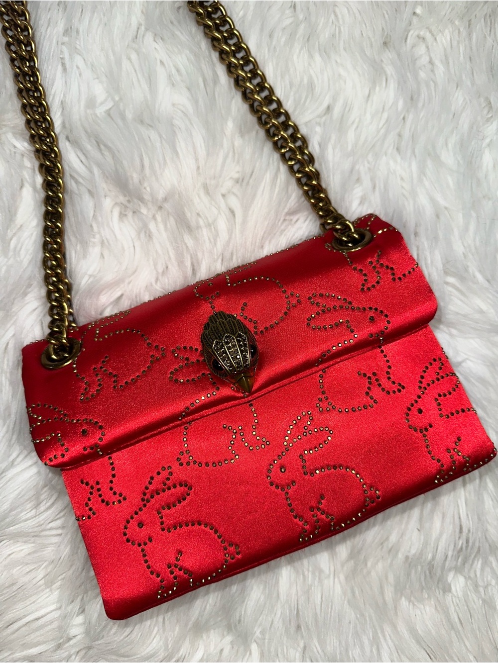 Kurt Geiger • Red Satin Kensington with Rabbit Print Glass Rhinestones Purse - Picture 17 of 17